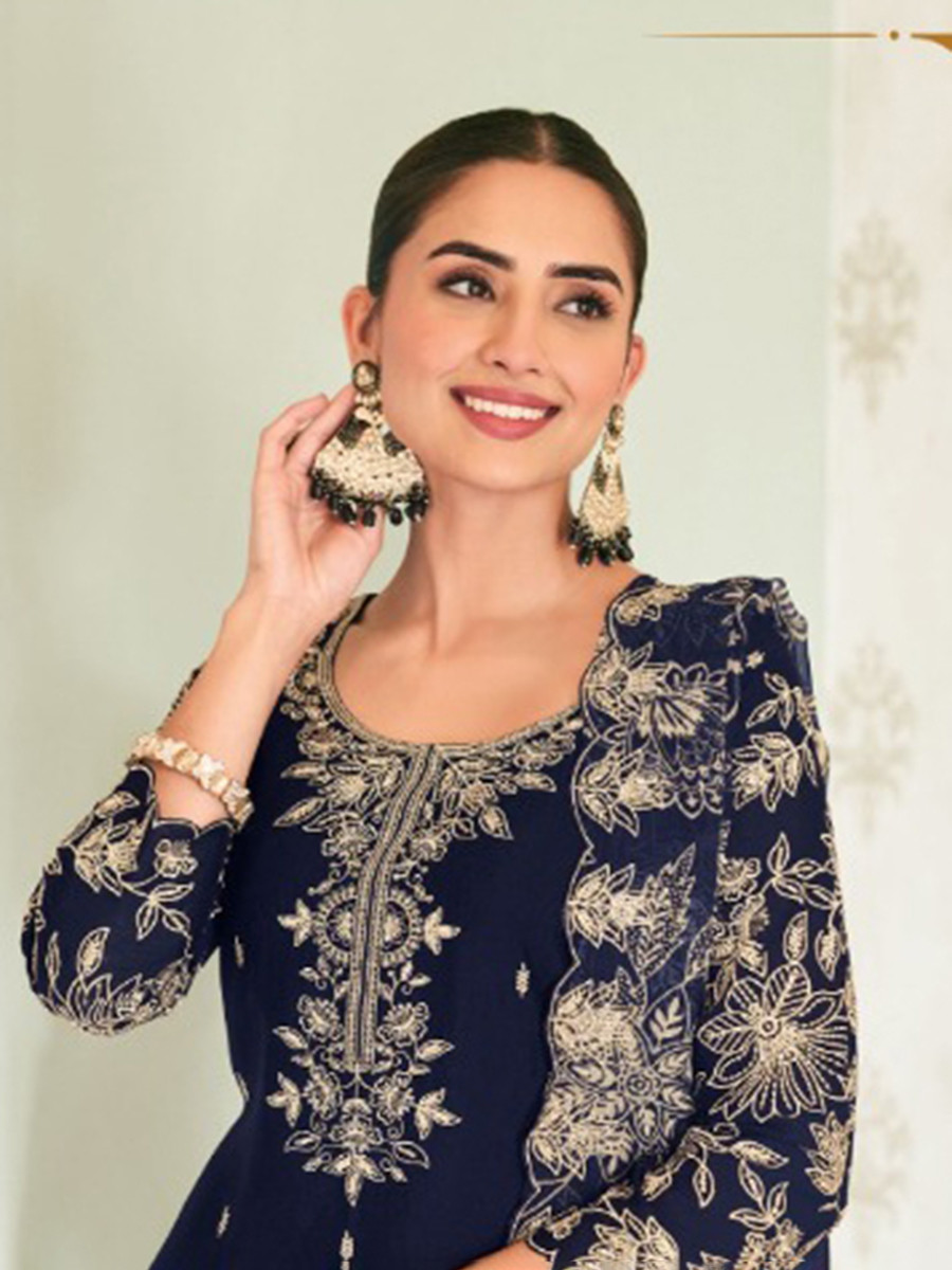 Navy Blue Heavy Premium Chinon Embroidery Wedding Party Festival Casual Palazzo Pant Salwar Kameez