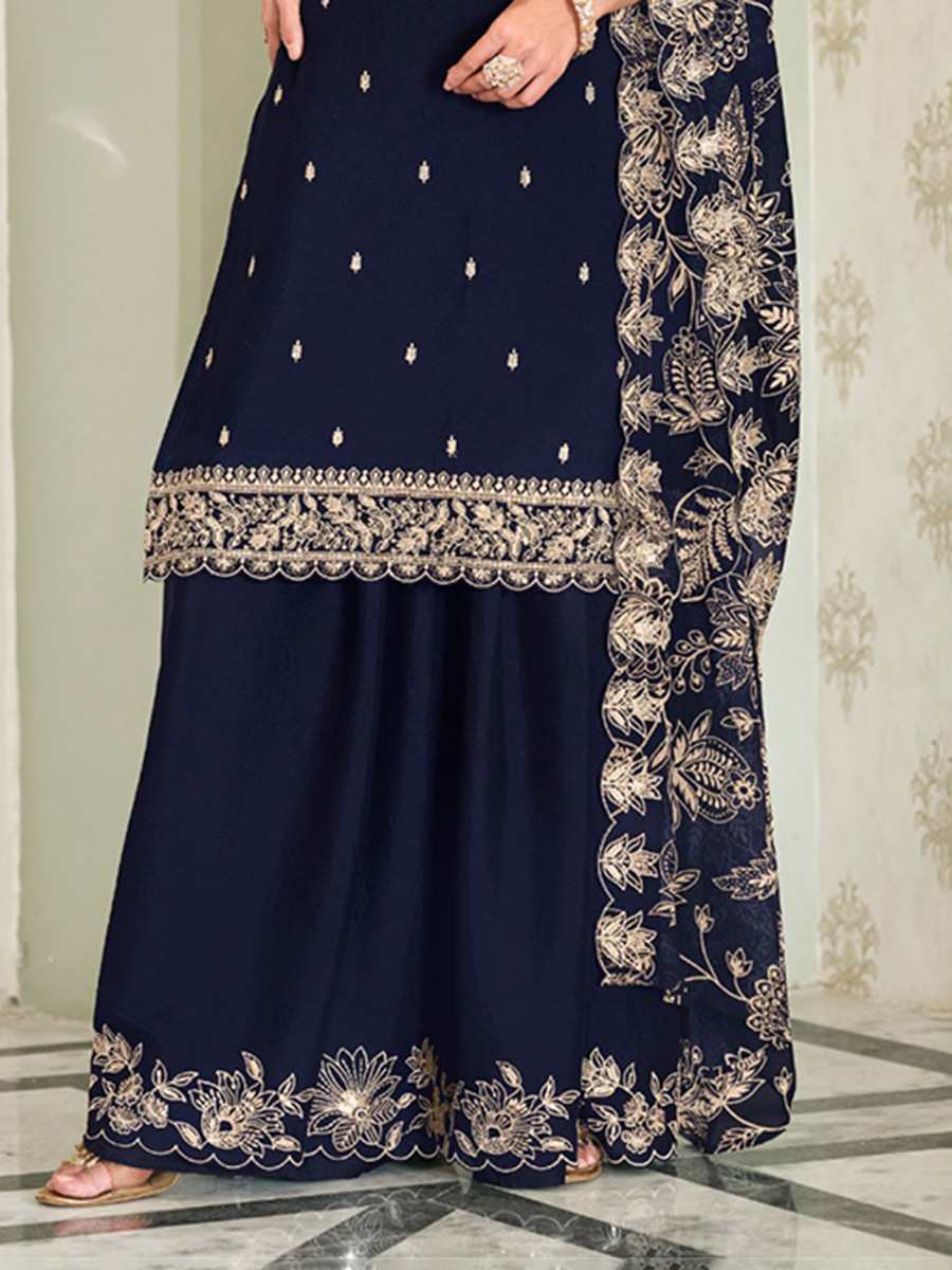 Navy Blue Heavy Premium Chinon Embroidery Wedding Party Festival Casual Palazzo Pant Salwar Kameez