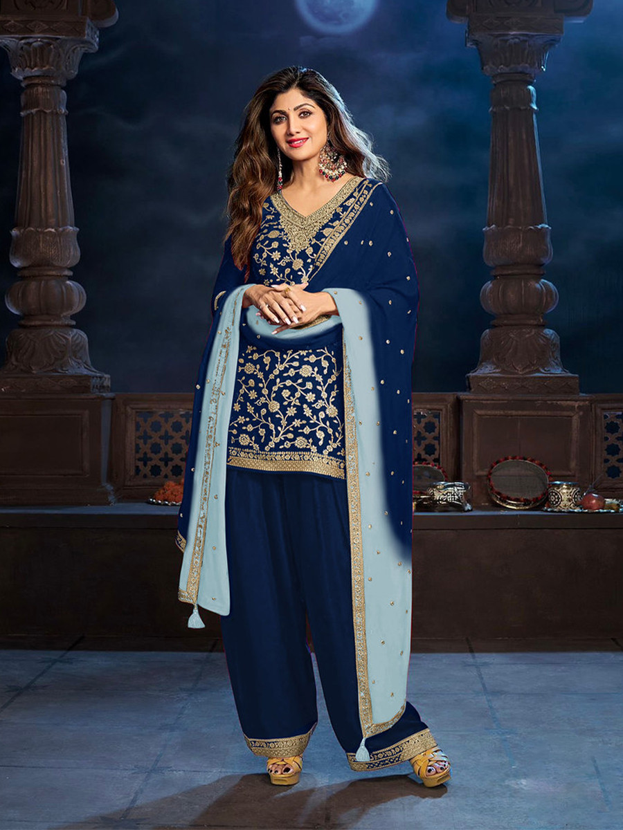 Navy Blue Heavy Pure Viscose Dola Silk Embroidery Zari Wedding Party Festival Palazzo Pant Bollywood Style Salwar Kameez