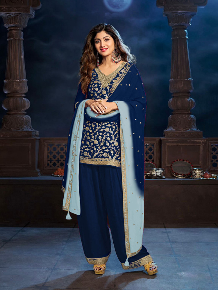Image of Navy Blue Heavy Pure Viscose Dola Silk Embroidery Zari Wedding Party Festival Palazzo Pant Bollywood Style Salwar Kameez