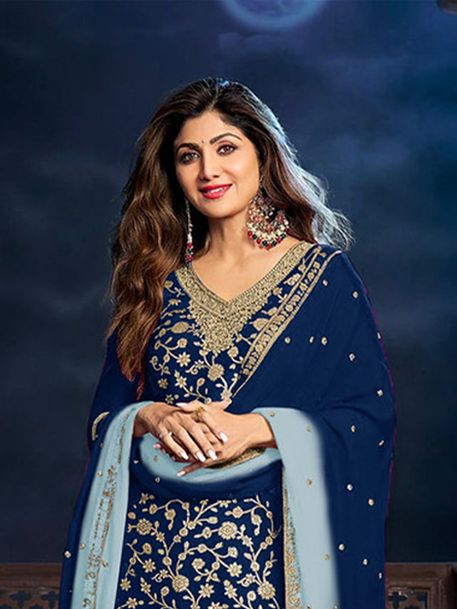 Navy Blue Heavy Pure Viscose Dola Silk Embroidery Zari Wedding Party Festival Palazzo Pant Bollywood Style Salwar Kameez