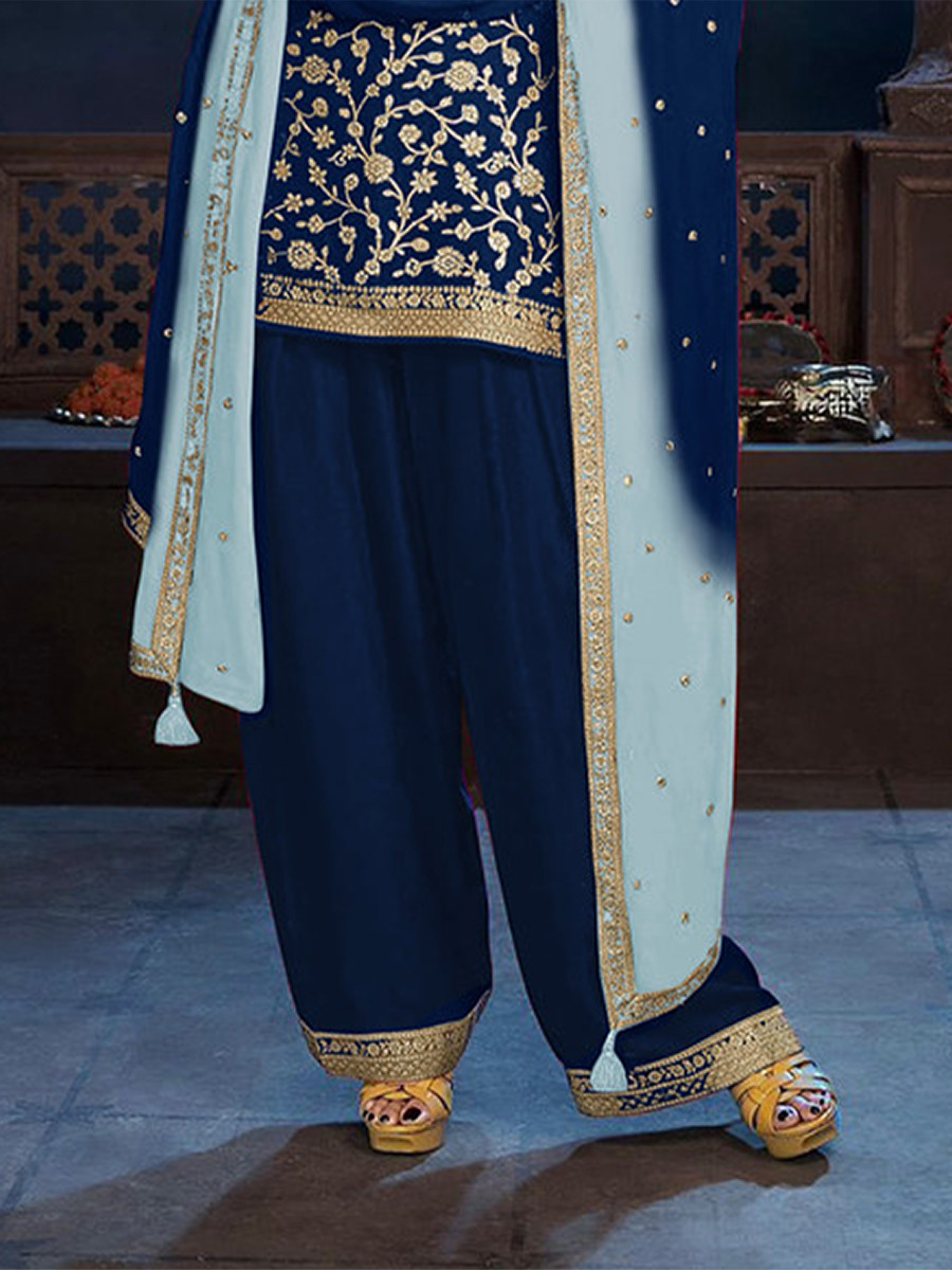 Navy Blue Heavy Pure Viscose Dola Silk Embroidery Zari Wedding Party Festival Palazzo Pant Bollywood Style Salwar Kameez