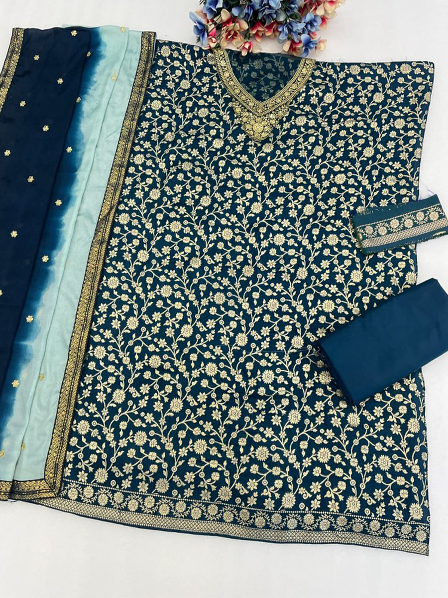 Navy Blue Heavy Pure Viscose Dola Silk Embroidery Zari Wedding Party Festival Palazzo Pant Bollywood Style Salwar Kameez
