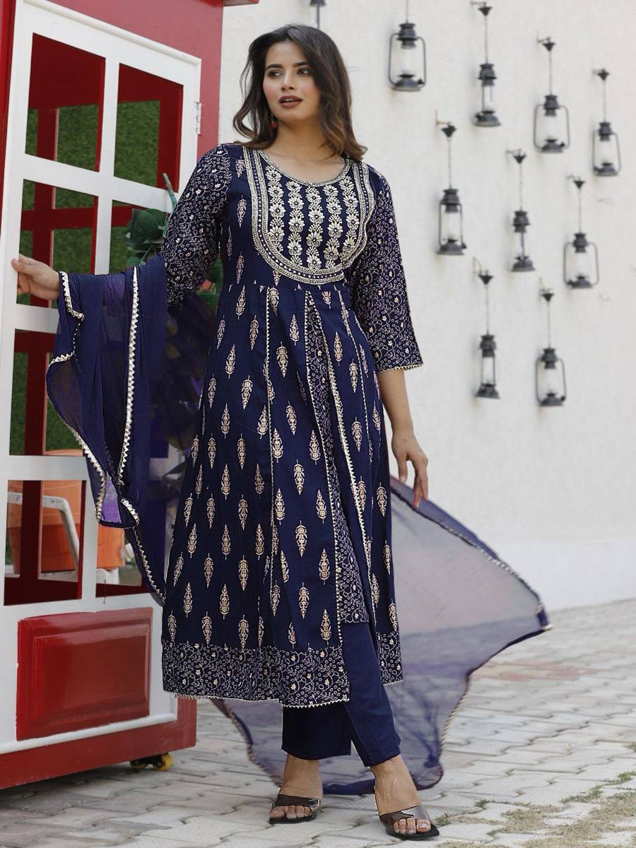 Navy Blue Heavy Rayon Embroidery Wedding Party Festival Casual Ready Lawn Pant Salwar Kameez