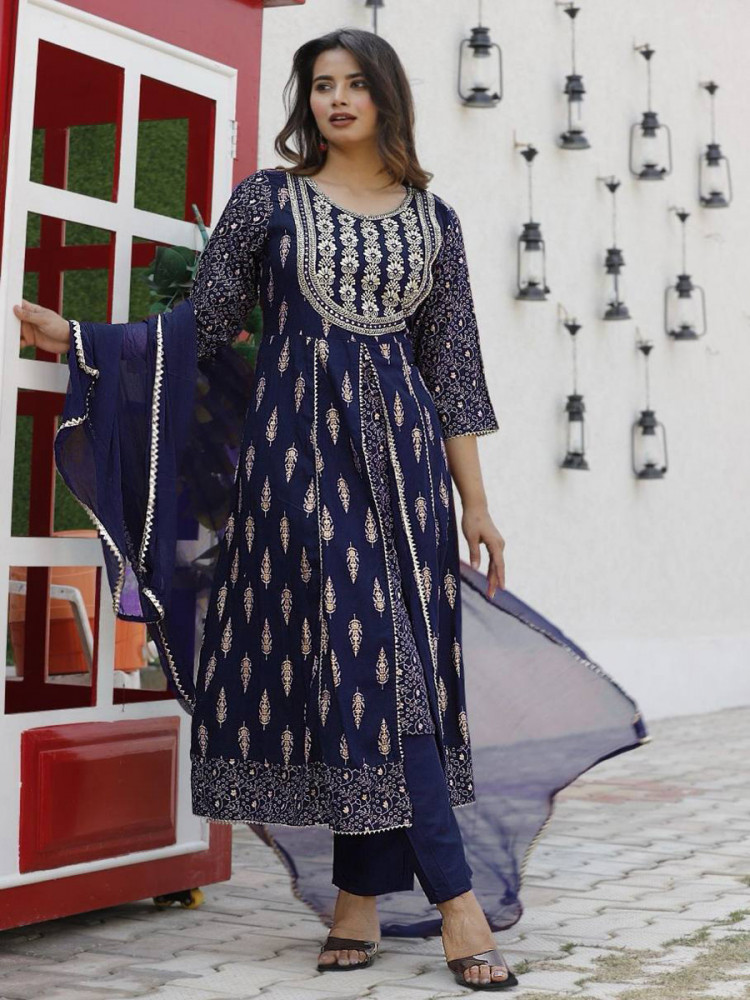 Image of Navy Blue Heavy Rayon Embroidery Wedding Party Festival Casual Ready Lawn Pant Salwar Kameez