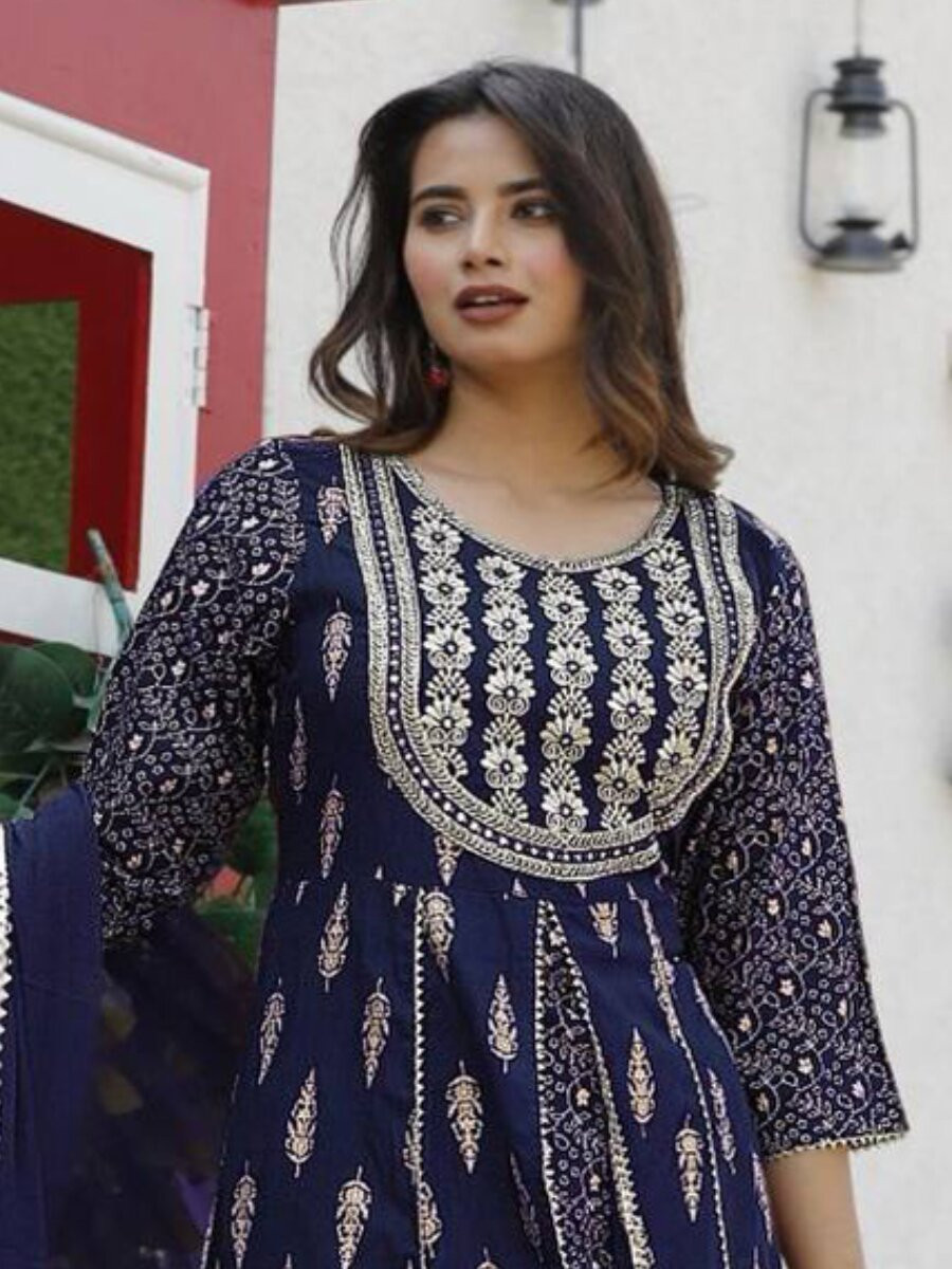 Navy Blue Heavy Rayon Embroidery Wedding Party Festival Casual Ready Lawn Pant Salwar Kameez