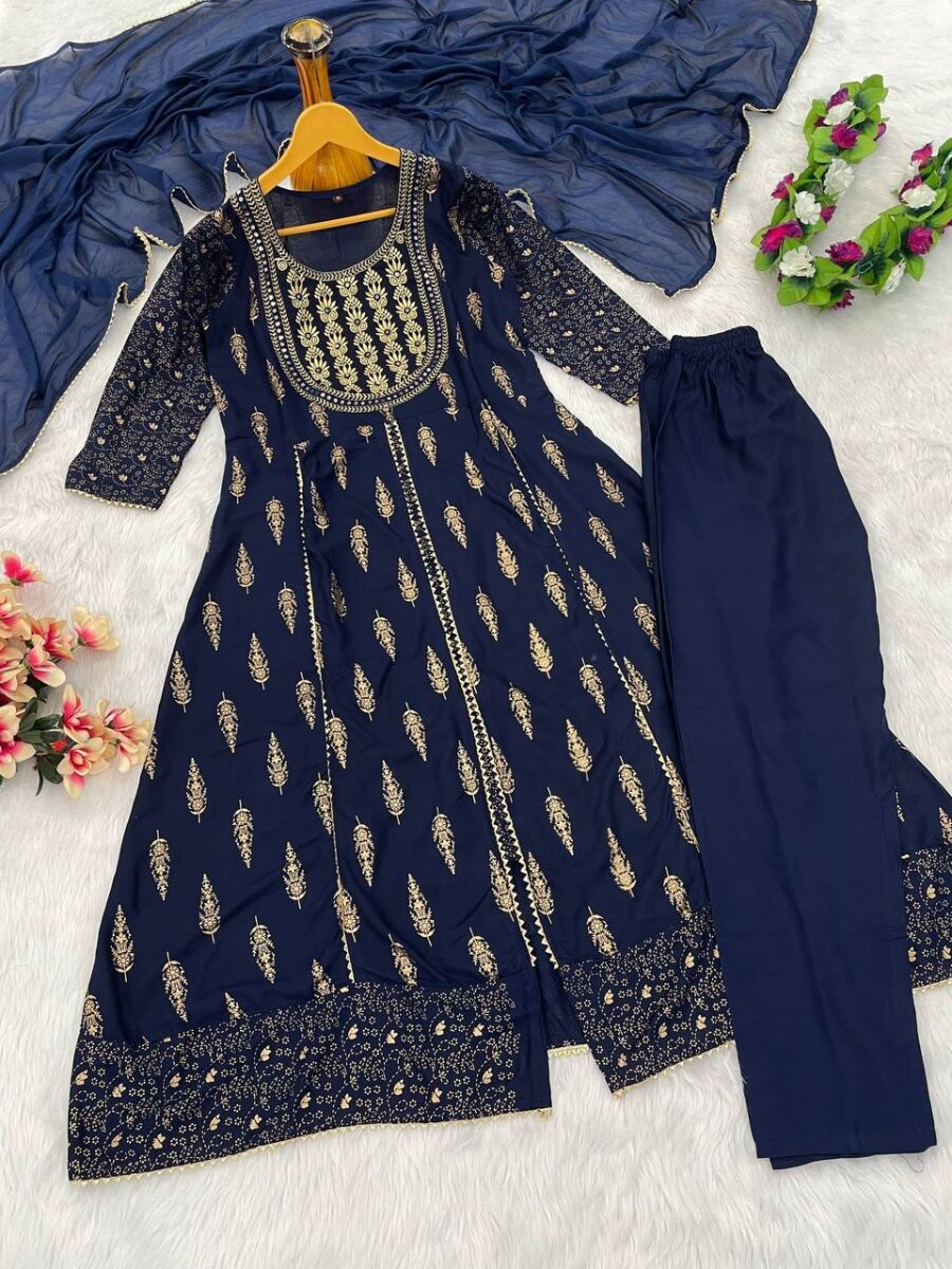 Navy Blue Heavy Rayon Embroidery Wedding Party Festival Casual Ready Lawn Pant Salwar Kameez