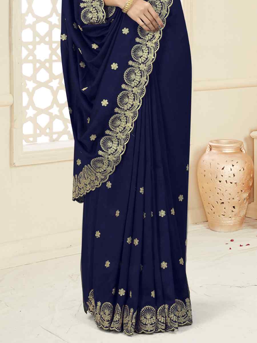 Navy Blue Heavy Vichitra Silk Embroidered Wedding Festival Heavy Border Saree