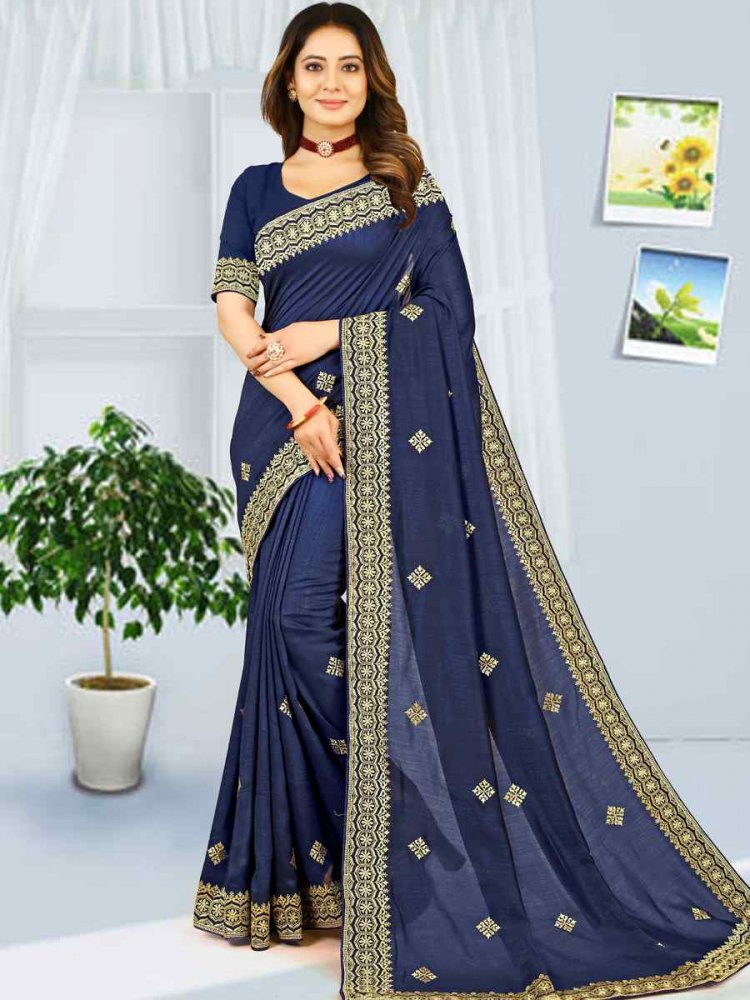 Navy Blue Heavy Vichitra Silk Embroidered Wedding Festival Heavy Border Saree