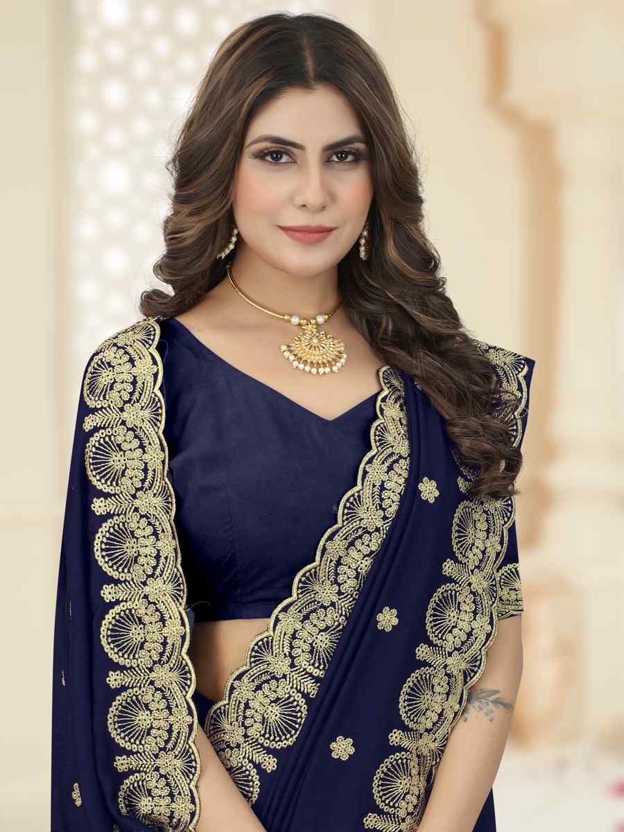 Navy Blue Heavy Vichitra Silk Embroidered Wedding Festival Heavy Border Saree