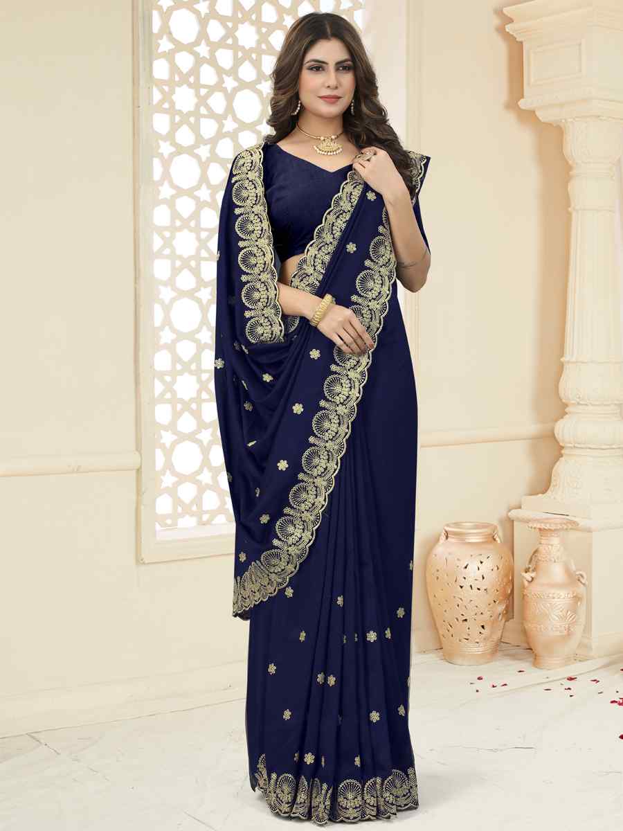 Navy Blue Heavy Vichitra Silk Embroidered Wedding Festival Heavy Border Saree