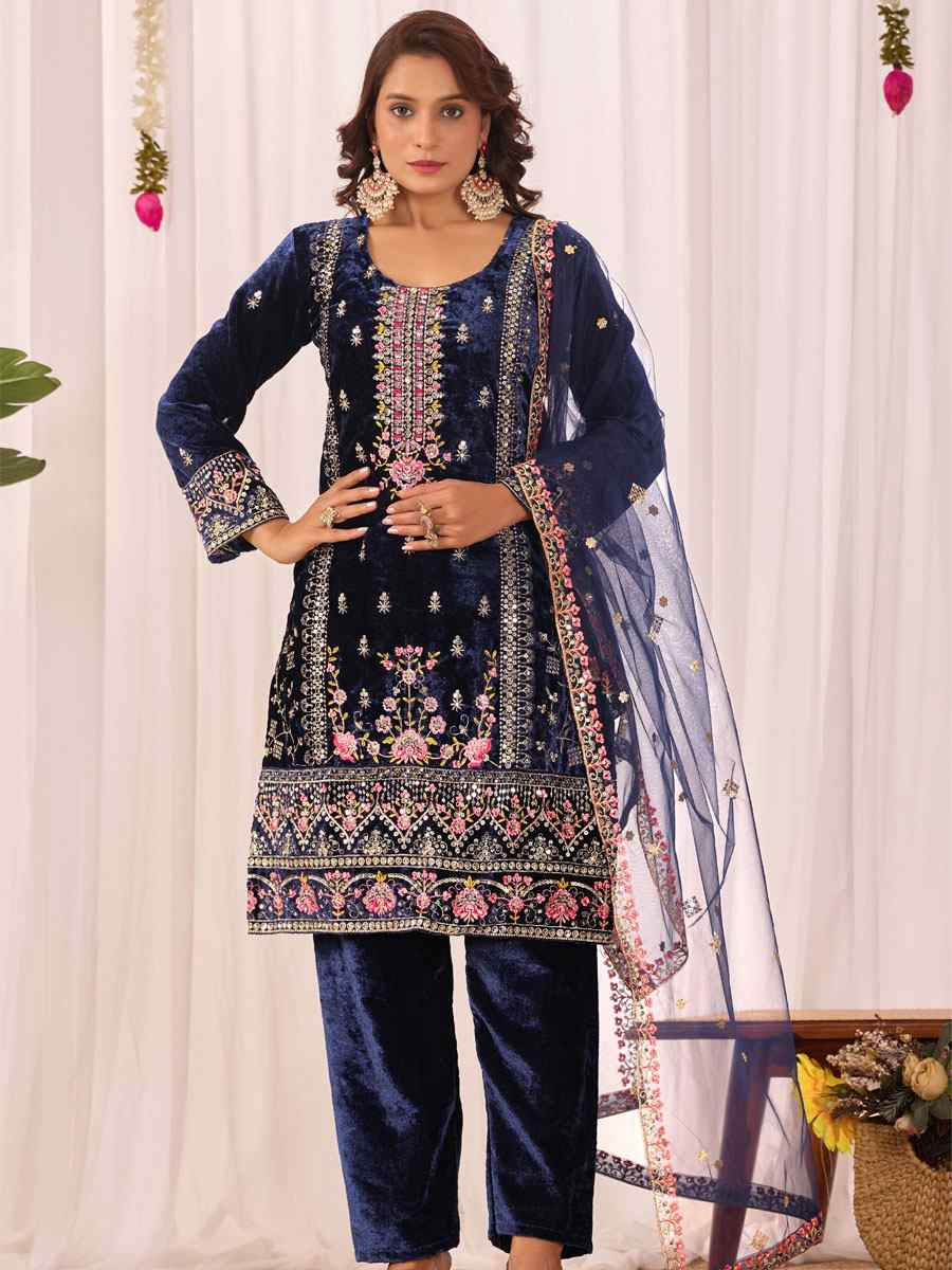 Navy Blue Heavy Viscose Velvet Embroidery Party Wedding Festival Casual Ready Pant Salwar Kameez