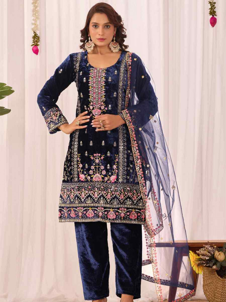 Image of Navy Blue Heavy Viscose Velvet Embroidery Party Wedding Festival Casual Ready Pant Salwar Kameez