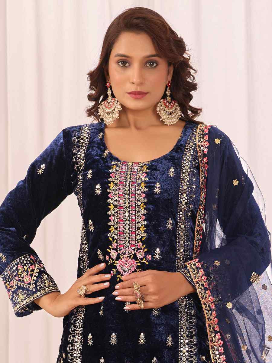 Navy Blue Heavy Viscose Velvet Embroidery Party Wedding Festival Casual Ready Pant Salwar Kameez