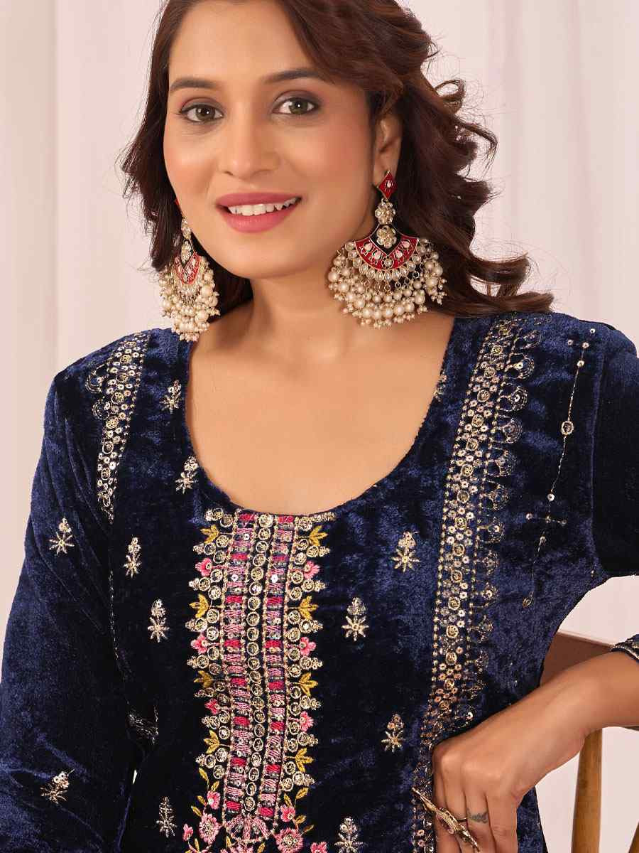 Navy Blue Heavy Viscose Velvet Embroidery Party Wedding Festival Casual Ready Pant Salwar Kameez