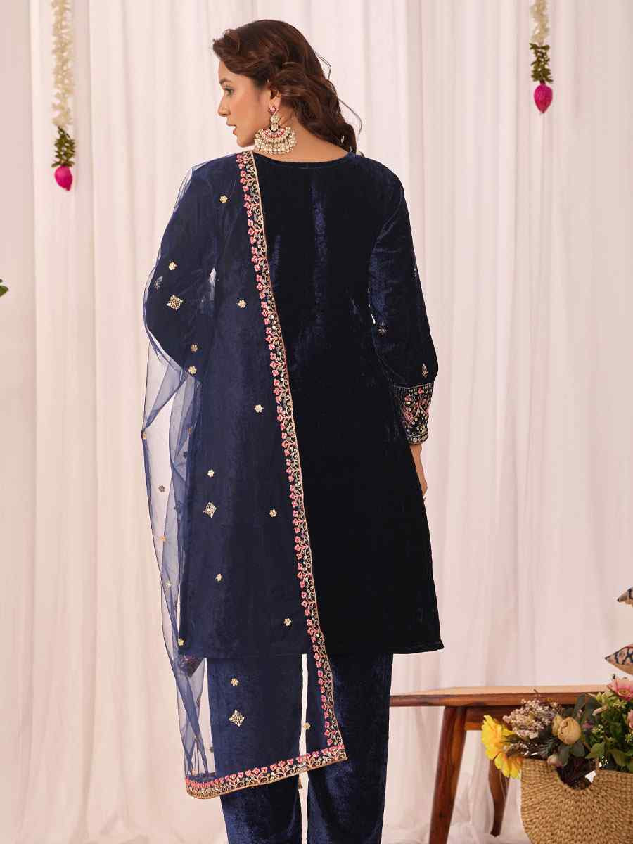 Navy Blue Heavy Viscose Velvet Embroidery Party Wedding Festival Casual Ready Pant Salwar Kameez