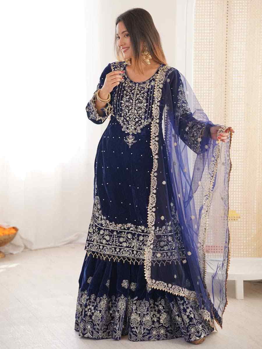 Navy Blue Heavy Viscose Velvet Embroidery Party Wedding Festival Casual Ready Sharara Pant Salwar Kameez
