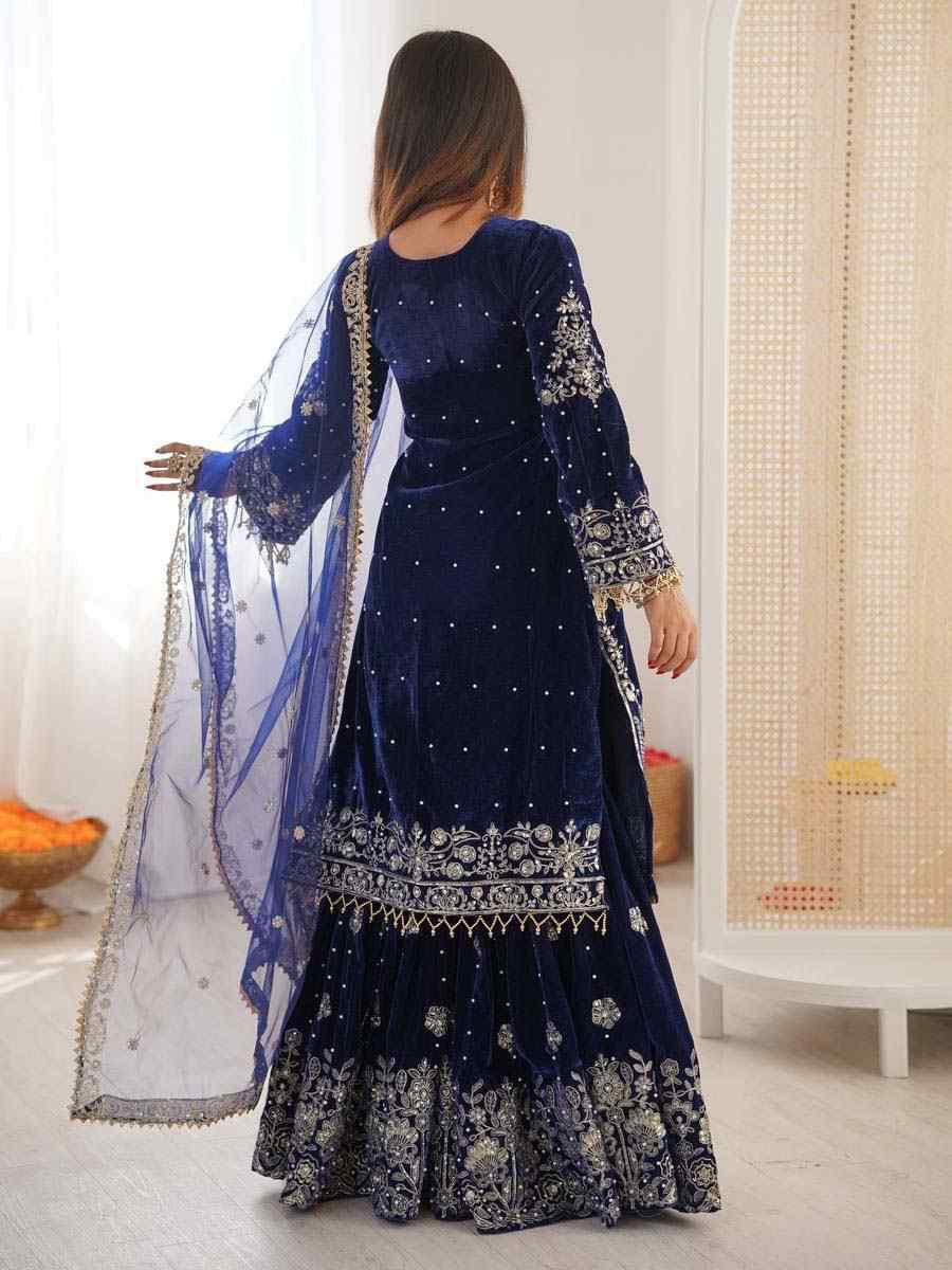 Navy Blue Heavy Viscose Velvet Embroidery Party Wedding Festival Casual Ready Sharara Pant Salwar Kameez