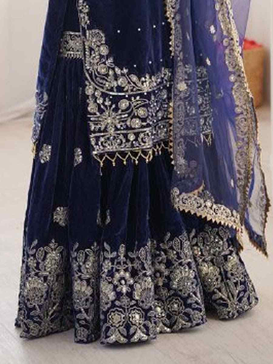 Navy Blue Heavy Viscose Velvet Embroidery Party Wedding Festival Casual Ready Sharara Pant Salwar Kameez