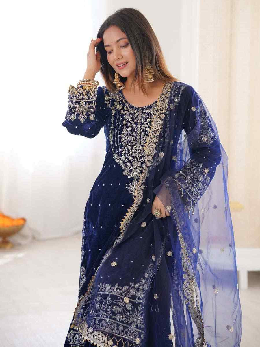 Navy Blue Heavy Viscose Velvet Embroidery Party Wedding Festival Casual Ready Sharara Pant Salwar Kameez