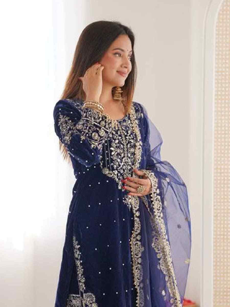 Navy Blue Heavy Viscose Velvet Embroidery Party Wedding Festival Casual Ready Sharara Pant Salwar Kameez