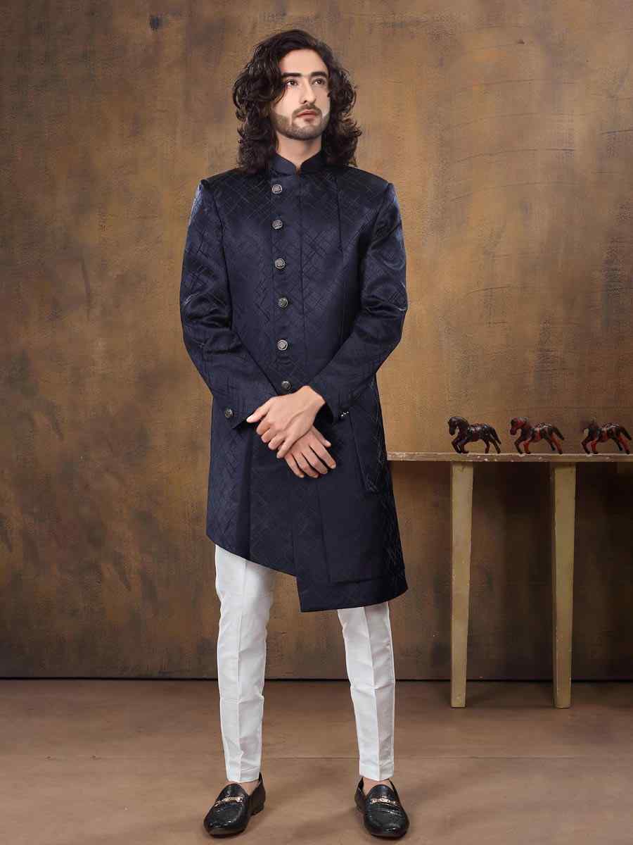 Navy Blue Imported Embroidered Wedding Party Sherwani