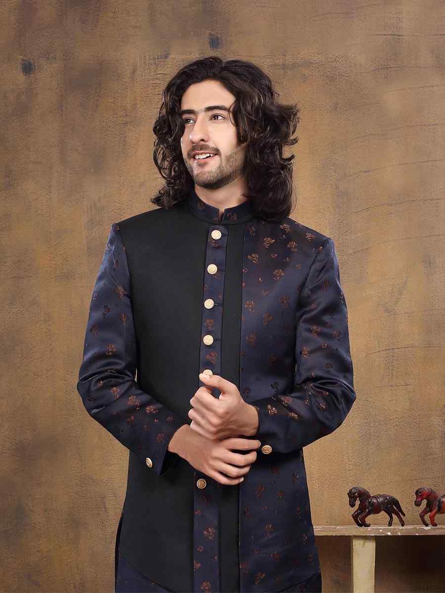 Navy Blue Imported Embroidered Wedding Party Sherwani