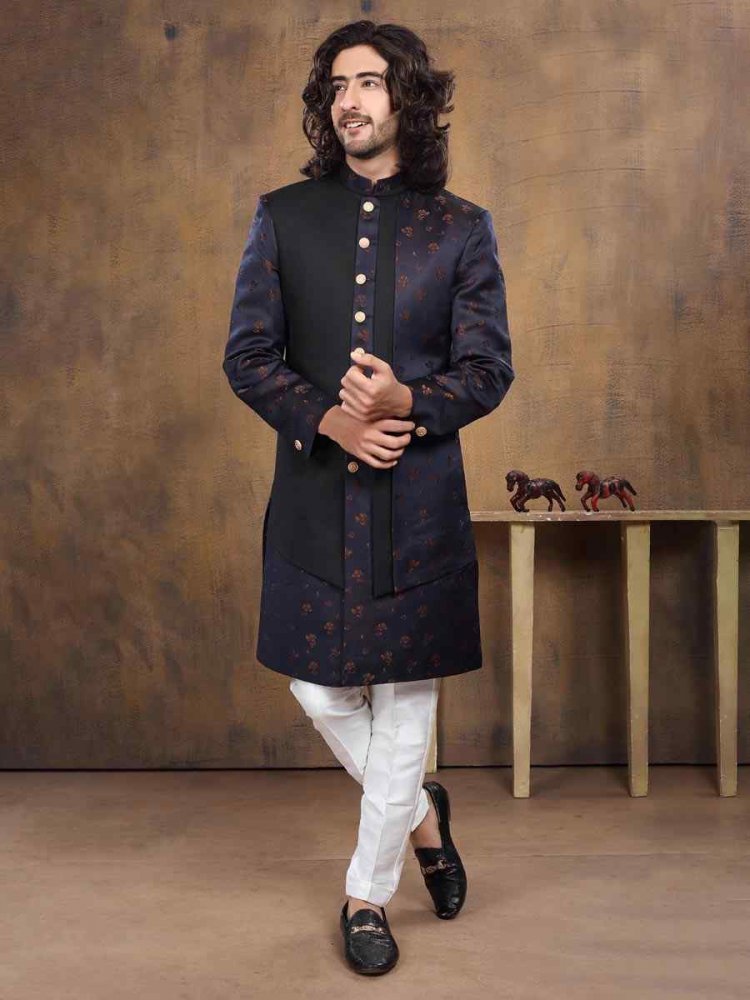 Navy Blue Imported Embroidered Wedding Party Sherwani