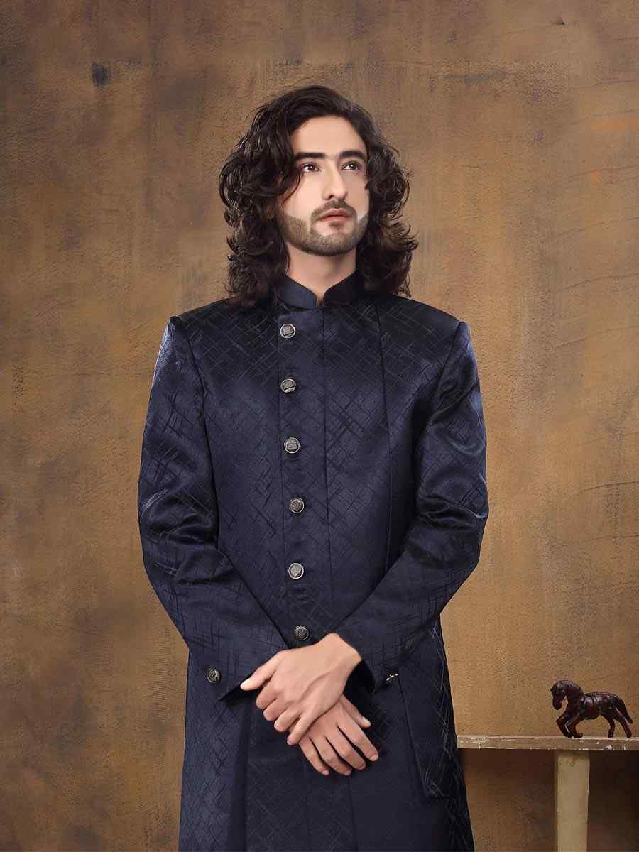 Navy Blue Imported Embroidered Wedding Party Sherwani