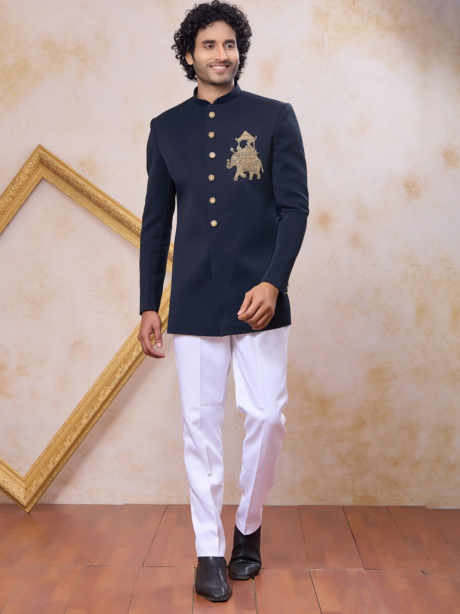 Navy Blue Imported Lachka Fabric Embroidery Zardosi Wedding Party Festival Casual Groom Sherwani