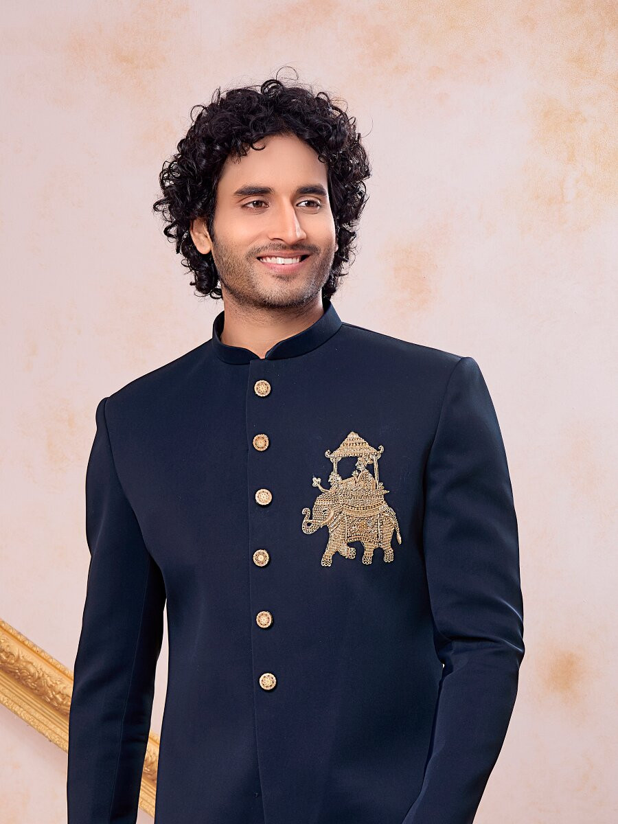 Navy Blue Imported Lachka Fabric Embroidery Zardosi Wedding Party Festival Casual Groom Sherwani