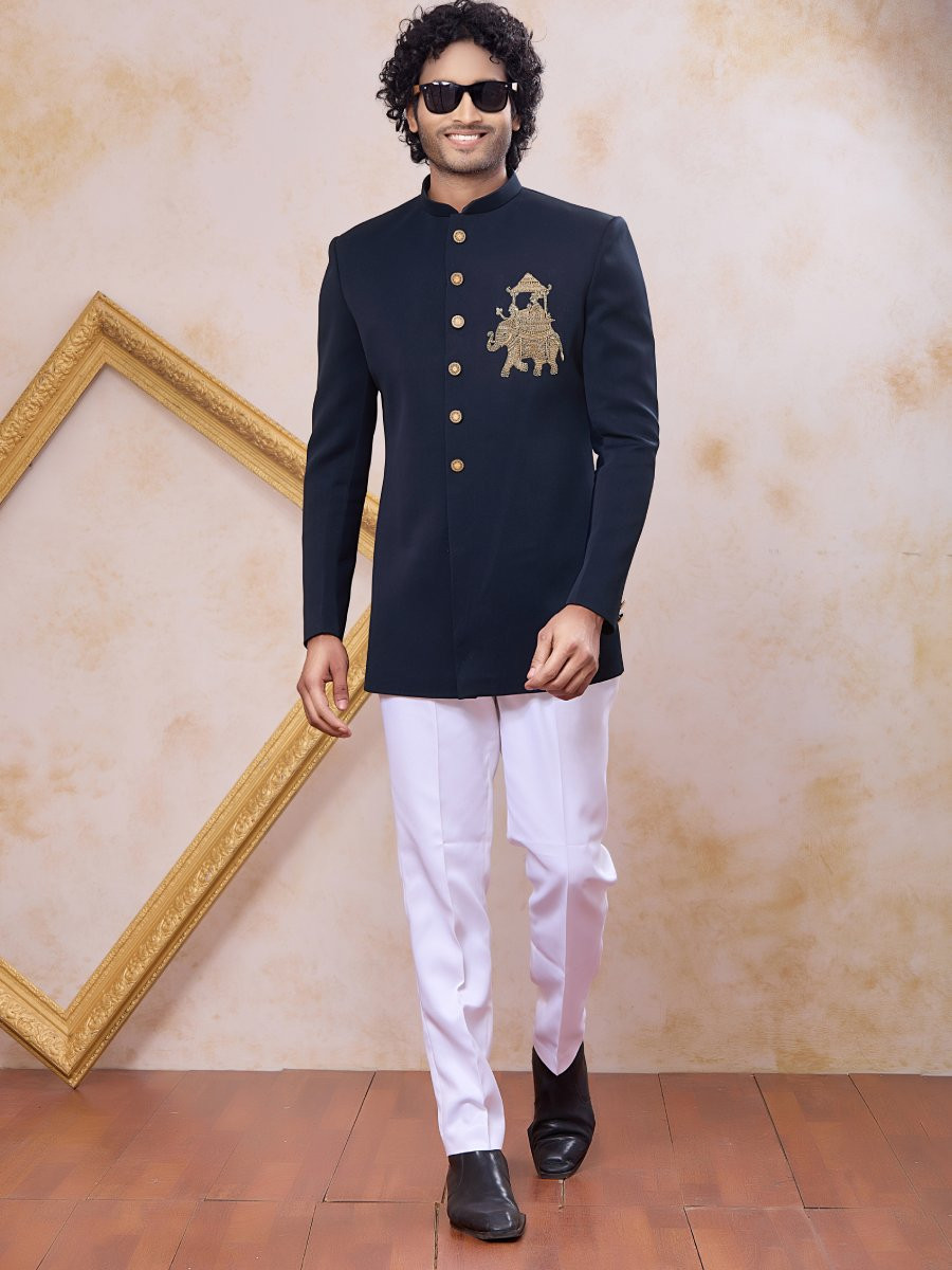 Navy Blue Imported Lachka Fabric Embroidery Zardosi Wedding Party Festival Casual Groom Sherwani
