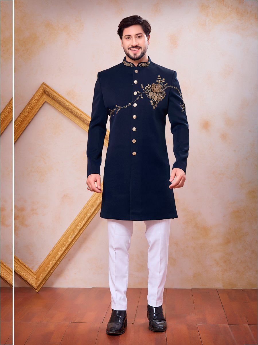 Navy Blue Imported Lachka Fabric Embroidery Zardosi Wedding Party Festival Casual Groom Sherwani