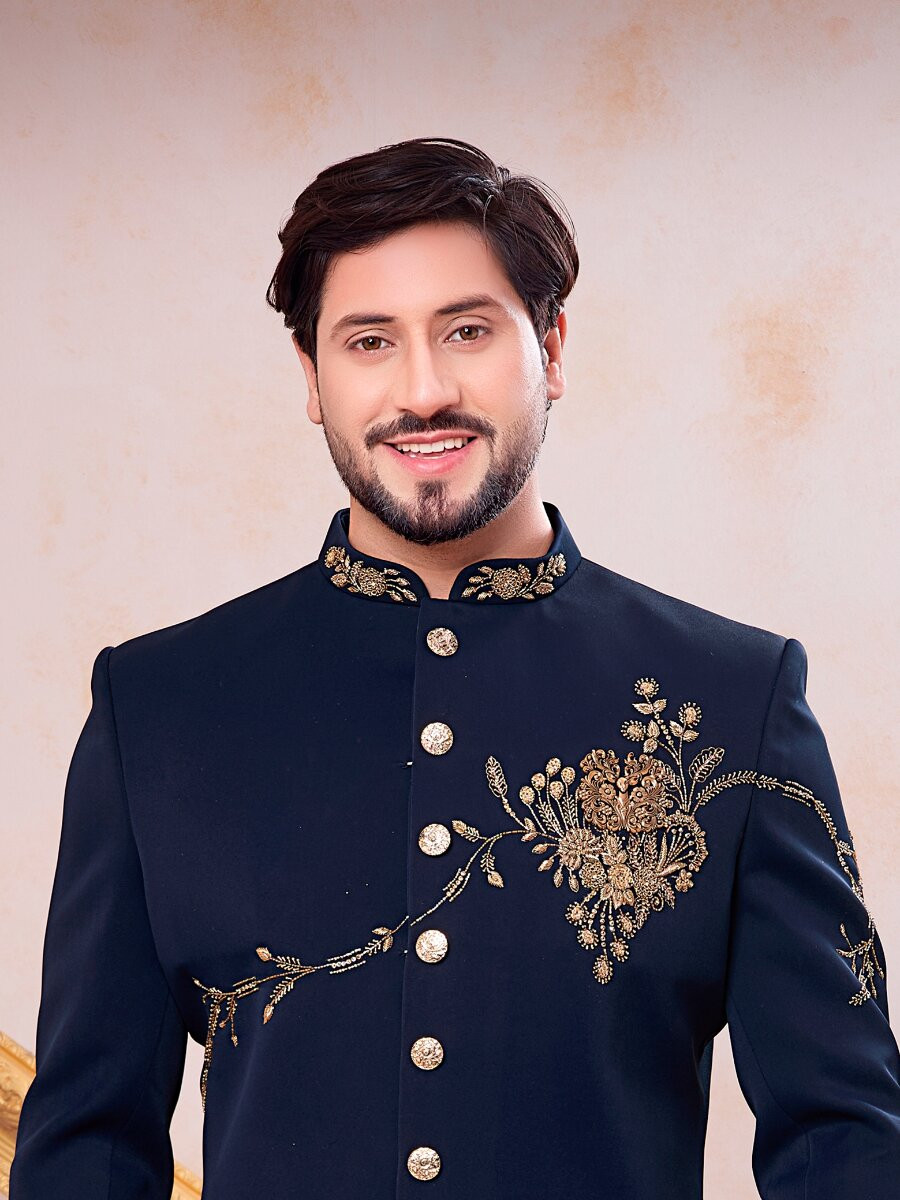 Navy Blue Imported Lachka Fabric Embroidery Zardosi Wedding Party Festival Casual Groom Sherwani