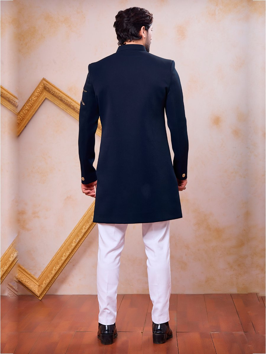 Navy Blue Imported Lachka Fabric Embroidery Zardosi Wedding Party Festival Casual Groom Sherwani