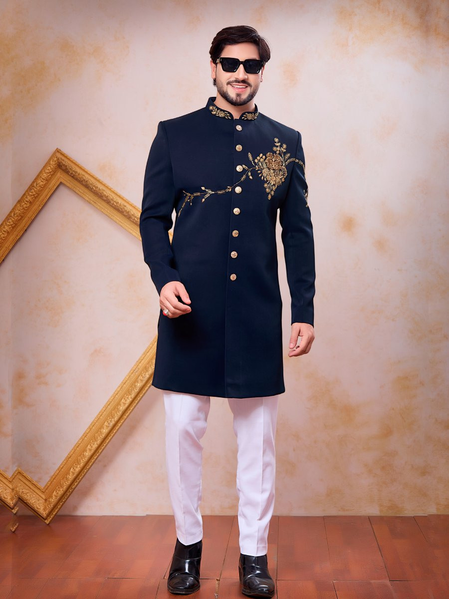 Navy Blue Imported Lachka Fabric Embroidery Zardosi Wedding Party Festival Casual Groom Sherwani