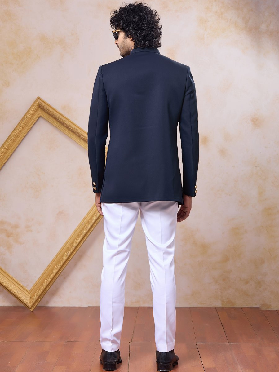 Navy Blue Imported Lachka Fabric Embroidery Zardosi Wedding Party Festival Casual Groom Sherwani