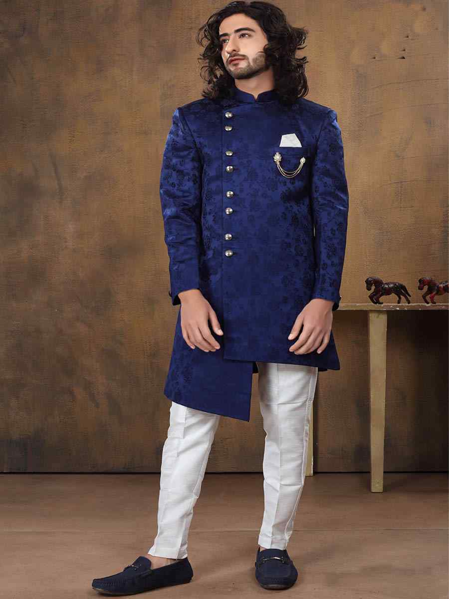 Navy Blue Imported Velvet Woven Groom Wedding Sherwani