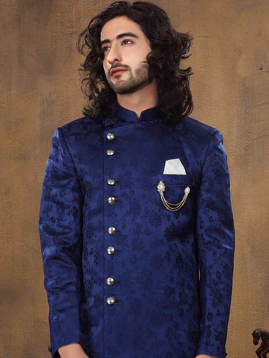 Navy Blue Imported Velvet Woven Groom Wedding Sherwani