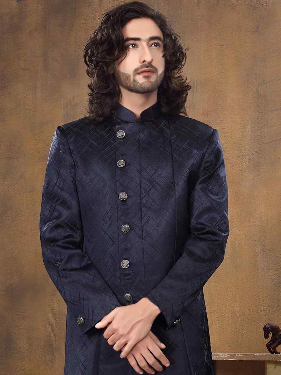Navy Blue Imported Woven Groom Wedding Sherwani