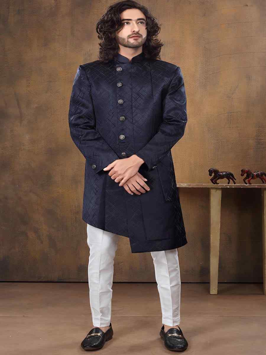 Navy Blue Imported Woven Groom Wedding Sherwani