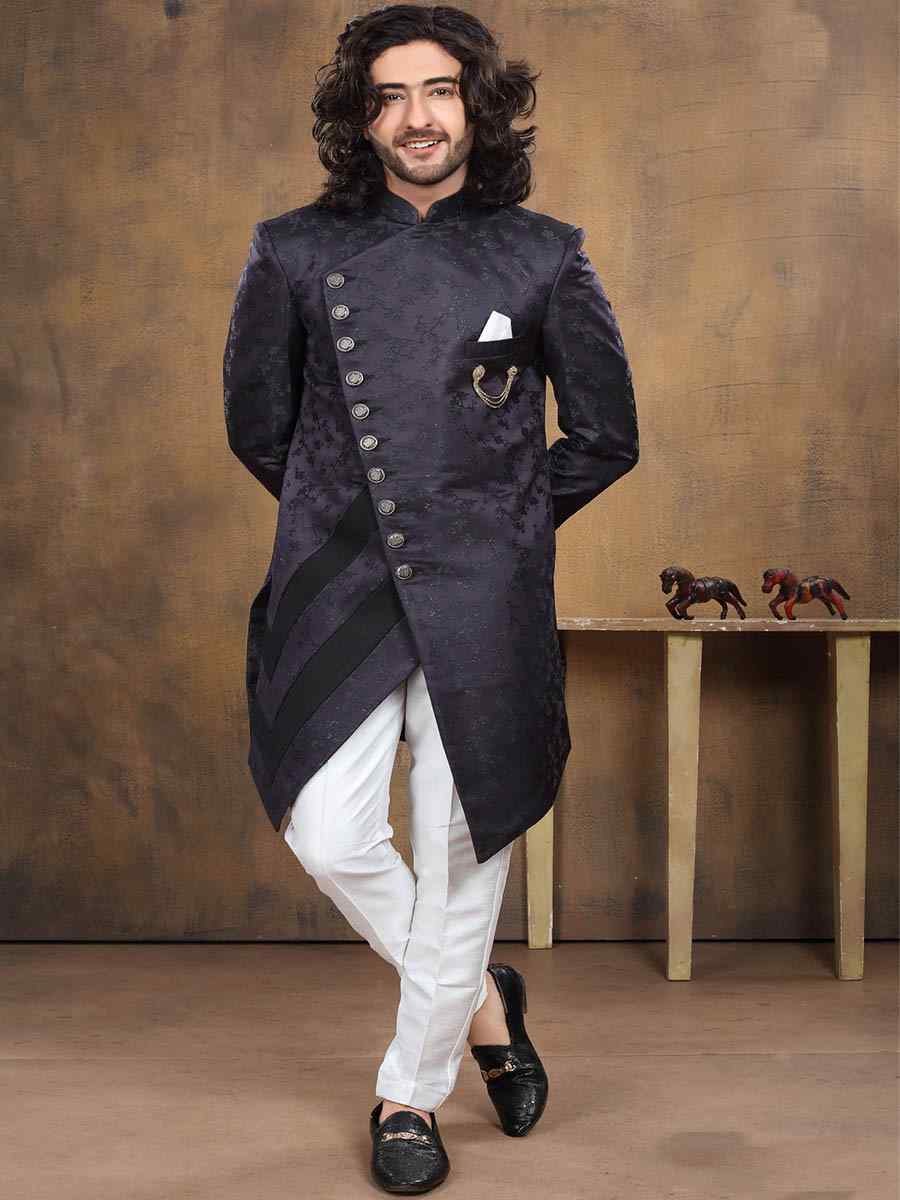 Navy Blue Imported Woven Groom Wedding Sherwani