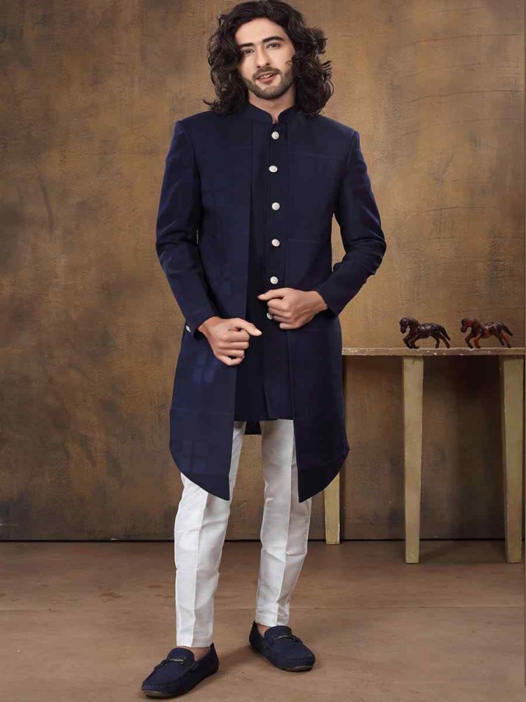 Navy Blue Imported Woven Groom Wedding Sherwani