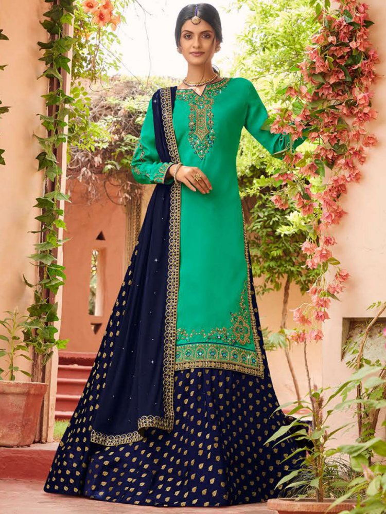 Green Georgette Kurti Lehenga Dress Long Choli Ethnic Party Wear  Embroidered | eBay