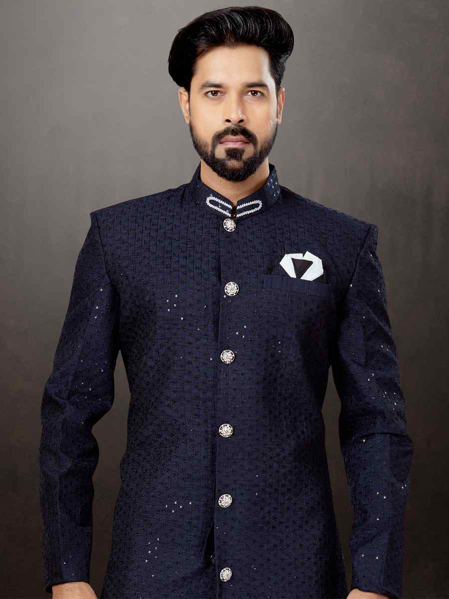 Navy Blue Jacquard Embroidered Festival Wedding Sherwani