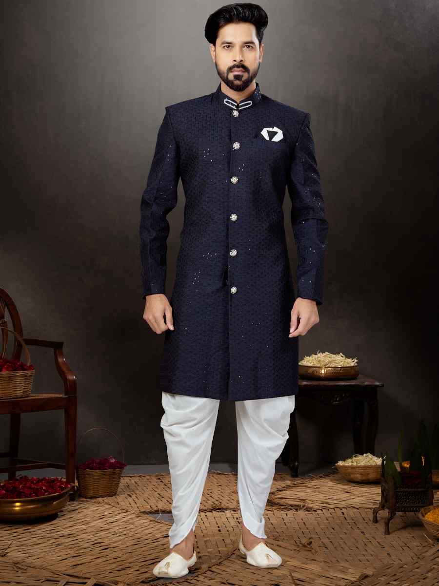 Navy Blue Jacquard Embroidered Festival Wedding Sherwani