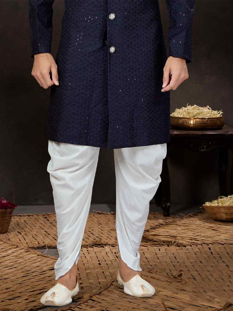 Navy Blue Jacquard Embroidered Festival Wedding Sherwani
