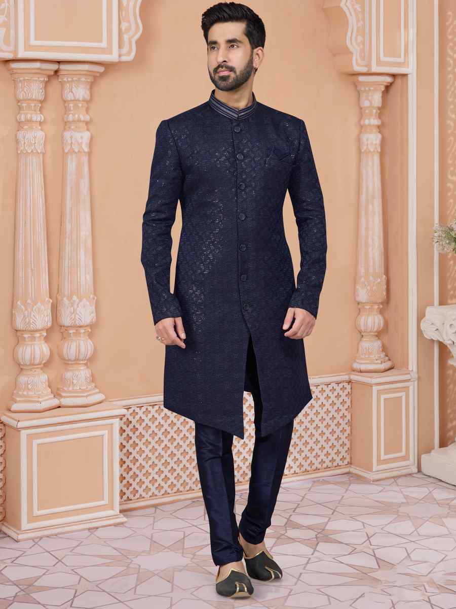 Navy Blue Jacquard Embroidered Groom Wedding Sherwani