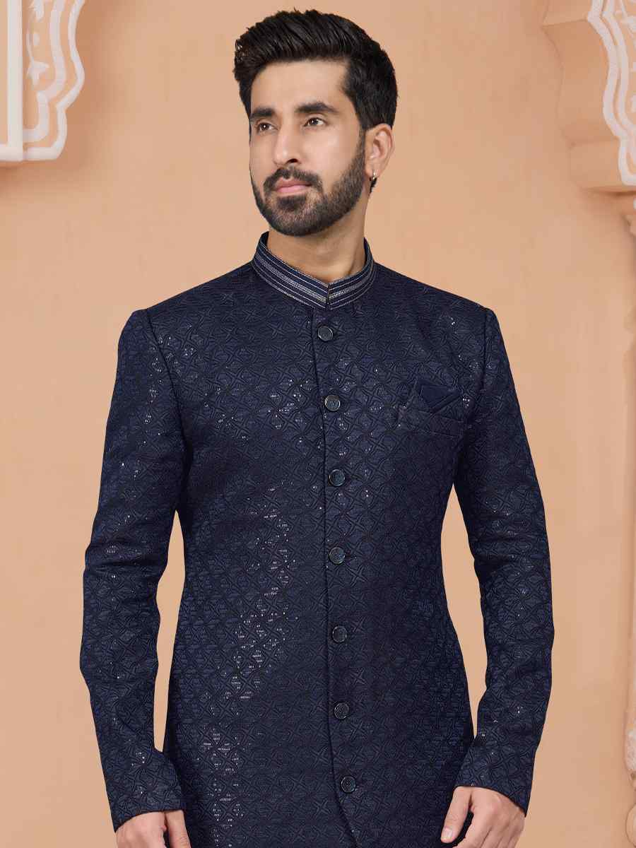 Navy Blue Jacquard Embroidered Groom Wedding Sherwani