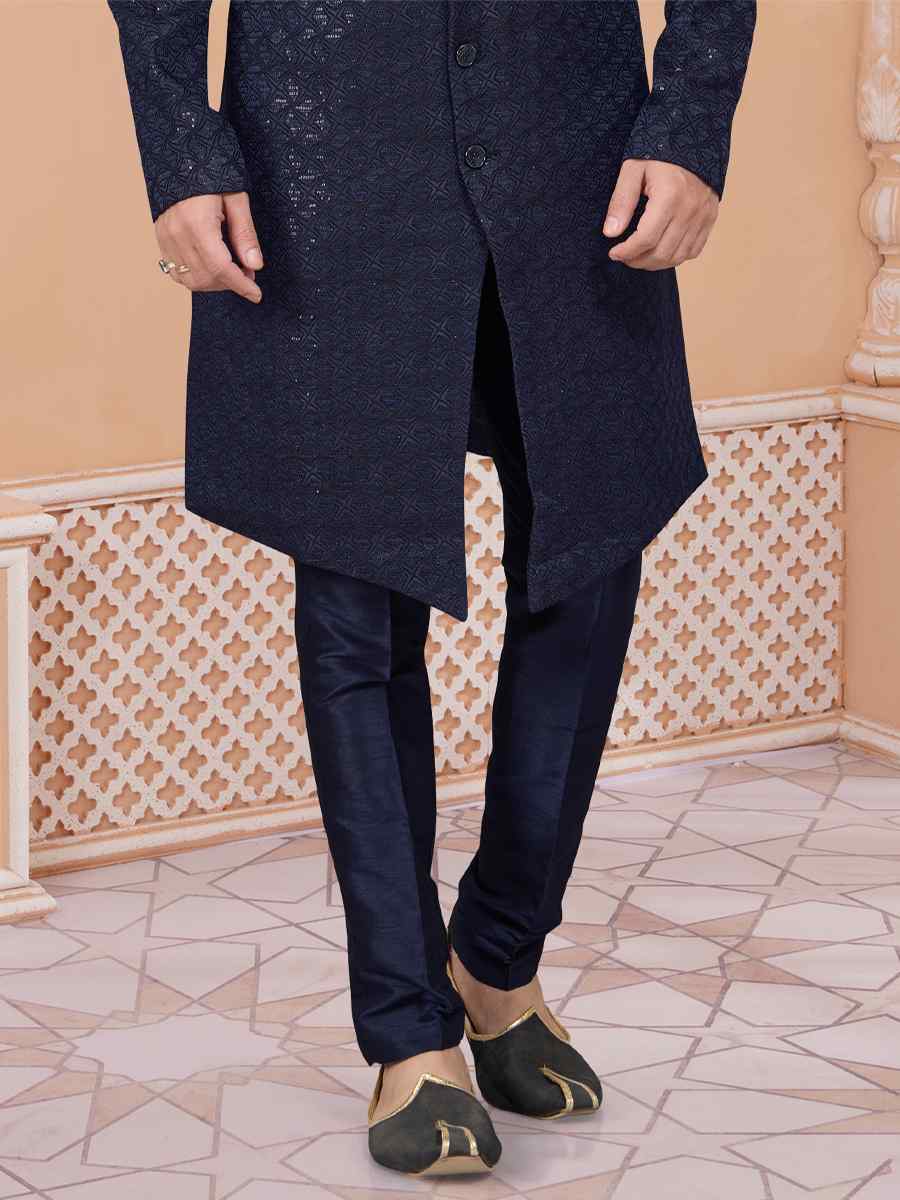 Navy Blue Jacquard Embroidered Groom Wedding Sherwani